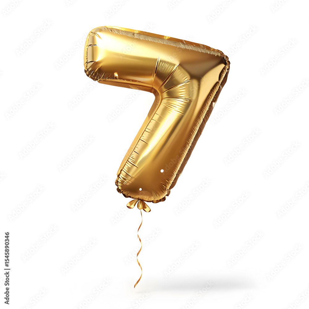 Fototapete a balloon shaped like the number 7 ,gold metallic finish with realistic reflections and smooth textu