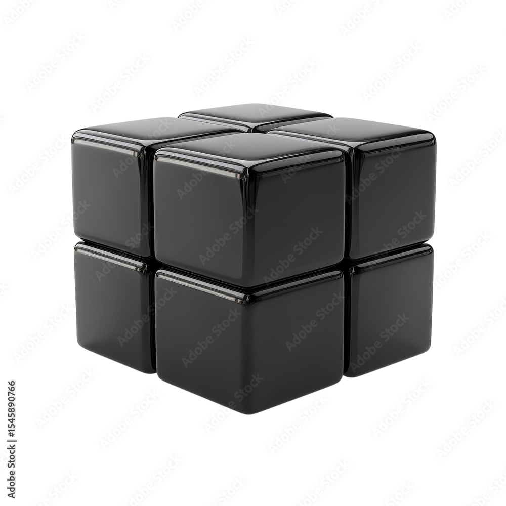 Poster metallic cube structure glossy black interlocking cubes abstract 3d render on transparent background