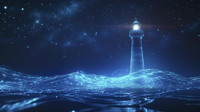Illuminated lighthouse standing on wavy ocean under starry night sky.