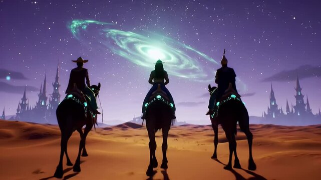 Animated Arab Figures on Camels Desert Landscape Under Nebula Night Sky Animation Perfect for Fantasy Theme Visual Effects