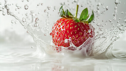 Milk crown forms as strawberries fall into liquid