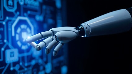 Robotic hand interacting with futuristic blue digital interface