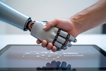 Robotic hand and human hand shaking over a digital interface, symbolizing human-AI collaboration in business, high-tech, clean, symbolic imagery