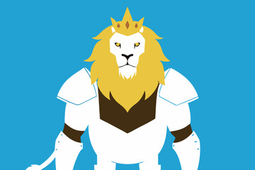 Majestic White Lion with Crown and Armor on Blue Background