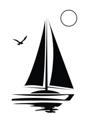 Boad on the sea wht birds cloudes and sun