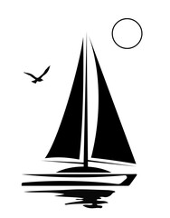 Boad on the sea wht birds cloudes and sun