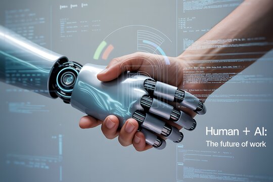 Robotic hand and human hand shaking over a digital interface, symbolizing human-AI collaboration in business, high-tech, clean, symbolic imagery