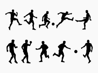 Collection of Soccer Player Silhouettes in Various Poses on a White Background