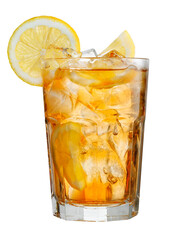 misted glass of ice tea with lemon isolated on white background