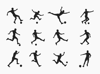 Twelve Silhouetted Soccer Players in Various Action Poses on a White Background