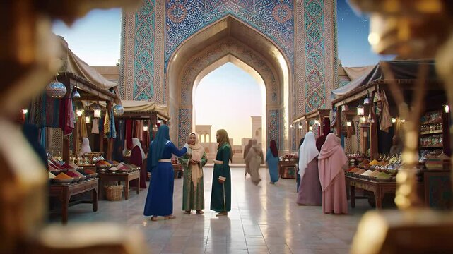Arabian Women Gathering at Market Entrance in Vibrant Middle Eastern Scene at Sunset