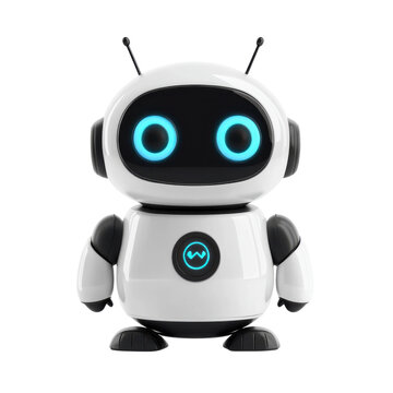 Cute White Robot Character 3D Rendering Digital Art Futuristic Black and on transparent background