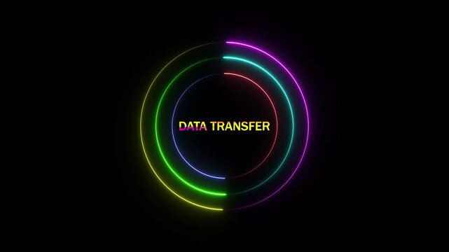 Data transfer text effect technology neon circle with the word black background.
