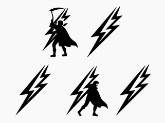 Silhouette of Grim Reaper and Superhero with Lightning Bolts on White Background