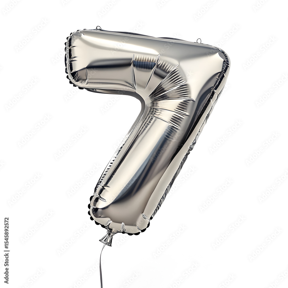Fototapete a balloon shaped like the number 7 ,silver metallic finish with realistic reflections and smooth tex
