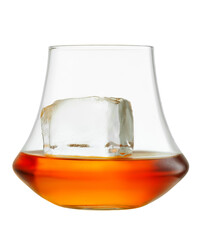 Glass of scotch whiskey and ice isolated on white background