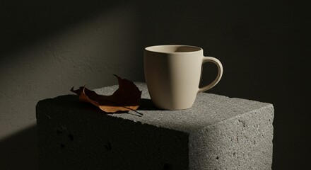 Cream mug and leaf on concrete block