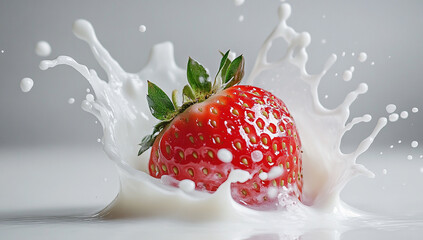 strawberry falling into milk