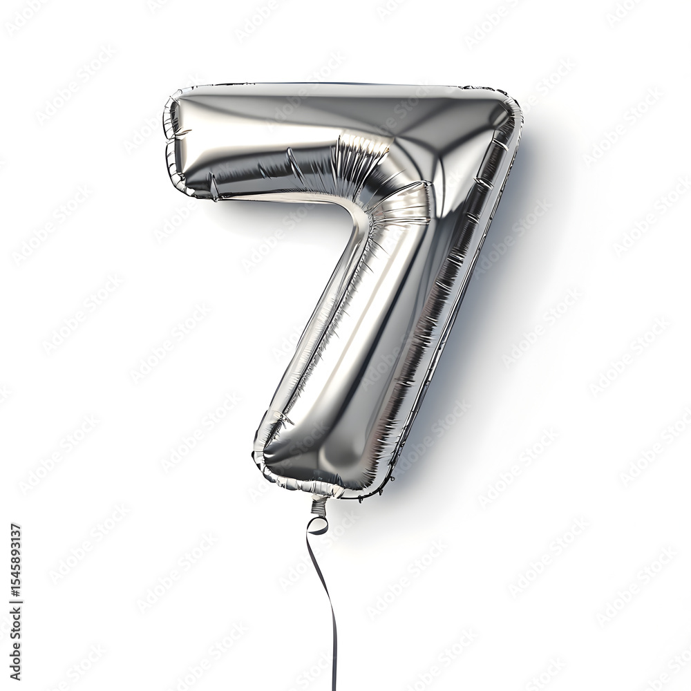 Fototapete a balloon shaped like the number 7 ,silver metallic finish with realistic reflections and smooth tex