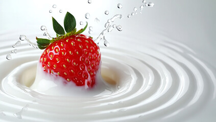 Juicy strawberries drop into a white milk wave