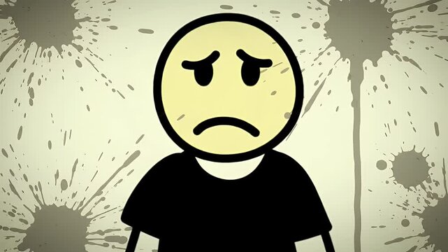 Cartoon Animation of a Yellow Character Showing a Sad Expression with a Simple Black Shirt and Tan Background