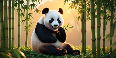 A cute panda sitting contently among bamboo