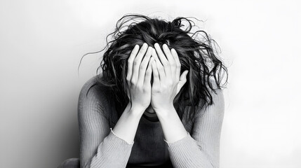 Black and white close-up of a woman with her face buried in hands, capturing raw emotion, stress, and mental breakdown.