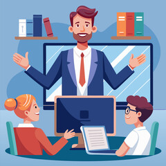 Professor Hosting an Online Seminar – Virtual Learning, Distance Education, and Academic Webinar Illustration
