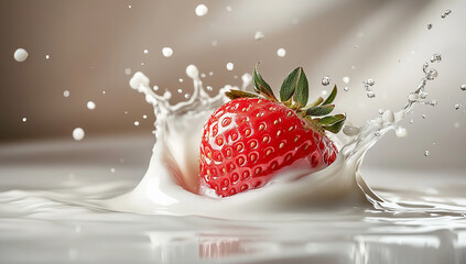 Fresh strawberries splashing into creamy milk

