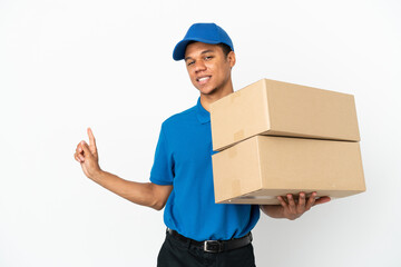 Delivery African American man isolated on white background pointing back