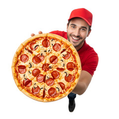 A delivery man with pizza top view