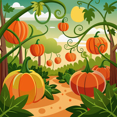 Pumpkin Patch with Vines and Leaves &ndash; Autumn Harvest, Fall Festival, and Seasonal Agriculture Illustration
