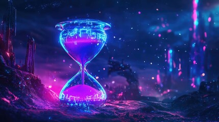 Futuristic neon hourglass shining with vibrant purple and blue hues in a cyber setting that captures time’s motion in a high tech world