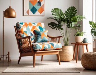 Stylish Mid-Century Modern Armchair with Geometric Pattern in Living Room