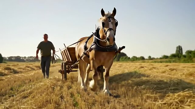 Draft Horse Pulling Cart in Golden Wheat Field with Man Walking Near During Sunny Day