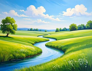 Minimalist Cartoon Landscape with Winding River and Verdant Hills