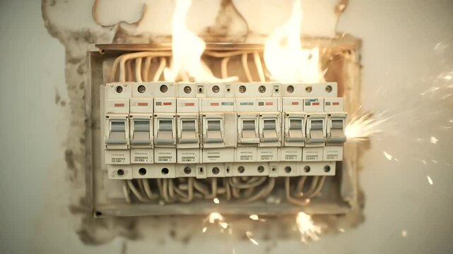 Electrical Panel Fire Hazard with Flames and Sparks