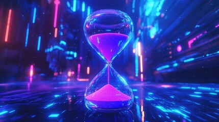 Luminous digital hourglass filled with glowing sand placed in a sci-fi environment glowing in vibrant purple and blue neon futuristic light