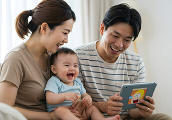 A happy Asian family is smiling while looking at a tablet together in their home.