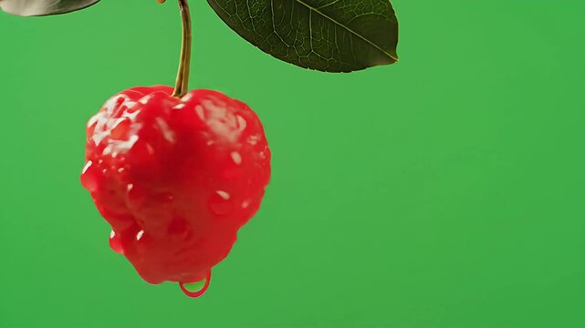 Acerola cherry hanging with water drops against a plain green background