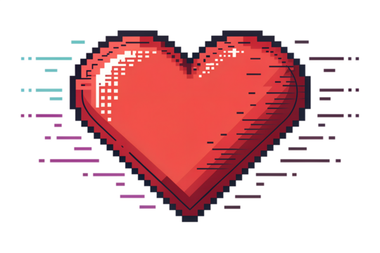Pixel Art Red Heart with Glitch Effect – Retro Digital Love Icon with Distortion on Transparent Background