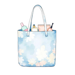Stylish light blue floral tote bag filled with beauty essentials.