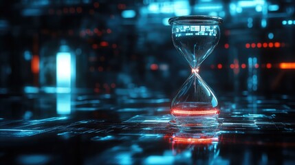 Radiant glowing glass hourglass floating in a cyber setting symbolizing the seamless integration of digital technology and flowing time itself