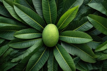 A single, unripe green mango rests in the center of a radial arrangement of vibrant green leaves