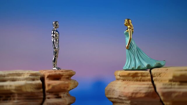 Figurines Face Each Other on Rocky Cliffs with Sunset Reflecting Connection and Challenges