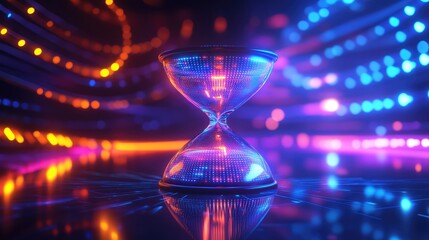 Modern glowing glass hourglass placed in a digital abstract background with LED ambiance capturing the ever moving essence of time and innovation