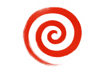 Vibrant red spiral brush stroke swirling dynamically, creating abstract circular pattern against transparent backdrop