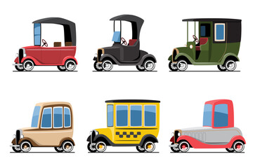 Classic early 20th-century vintage car vehicles set cartoon illustration . Flat design . Isolate on white background . Vector .