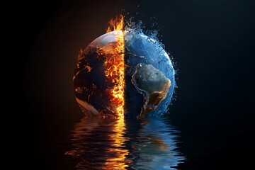 Global warming climate change earth on fire and water environmental disaster concept illustration