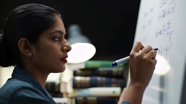 Woman writes math equations on white board in front of stack of books